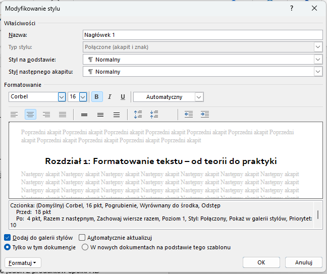 zmiany w formatowaniu stylu rozdziału