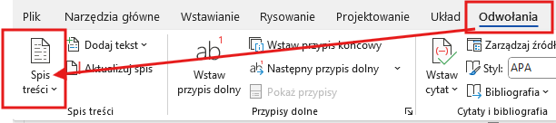 przejście do tworzenia spisu treści