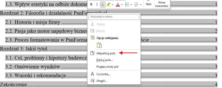 aktualizowanie spisu treści