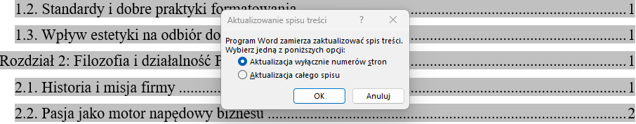 aktualizowanie numerów spisu treści oraz aktualizowanie całego spisu treści