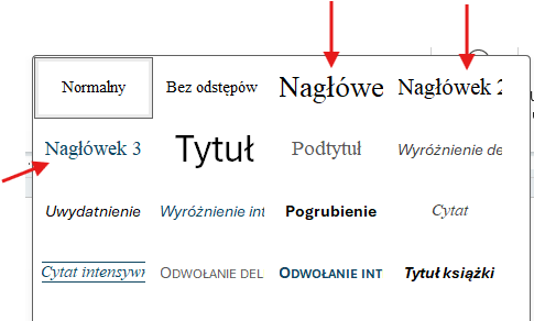 nagłówek 1, 2 i 3 jako podstawowe elementy do formatowania rozdziałów i podrozdziałów pracy dyplomowej.