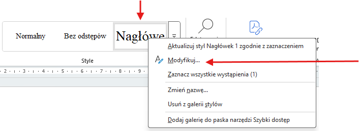 formatowanie nagłówka 1, który będzie widoczny w spisie treści pracy dyplomowej.