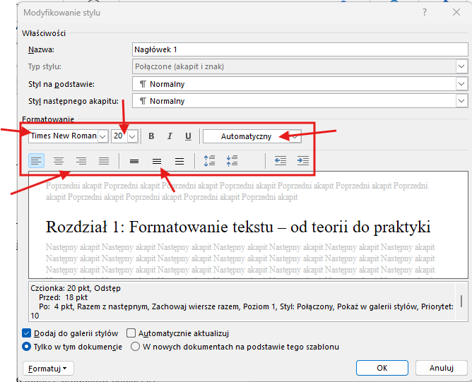 okno dialogowe formatowania stylu dla nagłówka 1