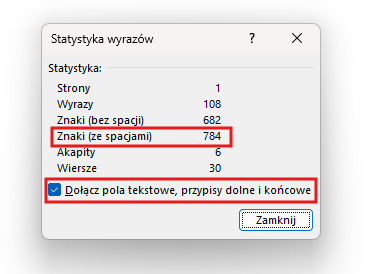 Liczba znaków ze spacjami w statystykach programu Word